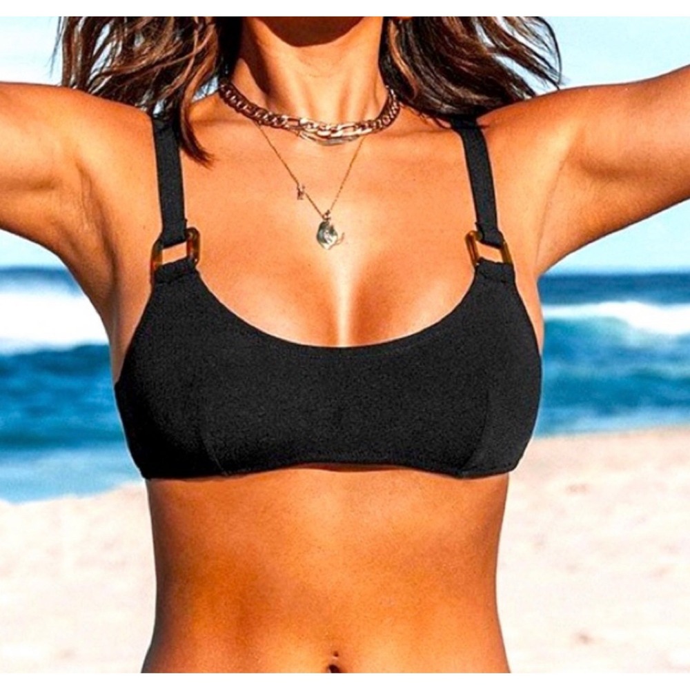 Cupshe Penny Bikini Top Black Scoop Neck Tortoise Ring Detail Size M Medium